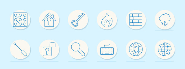 Fototapeta premium Security set icon. Firewall, house with lock, key, flame, grid, cloud, screwdriver, padlock, magnifying glass, keyboard, globe with shield, gear with globe.