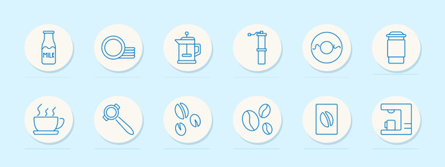 Coffee set icon. Milk bottle, stacked cups, French press, grinder, capsule, to-go cup, steaming cup, portafilter, coffee beans, pack, coffee machine.