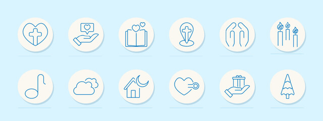 Fototapeta premium Faith set icon. Heart with cross, hand with speech bubble, open book, grave with cross, praying hands, candles, music note, cloud, house with moon, key with heart, gift, tree.