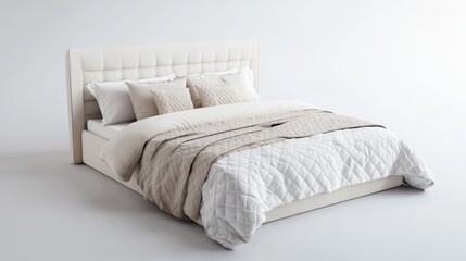 Obraz premium Elegant bed with a simple white headboard, adorned with a matching quilt and pillows, against a clean white backdrop. Emphasizing simplicity and comfort.