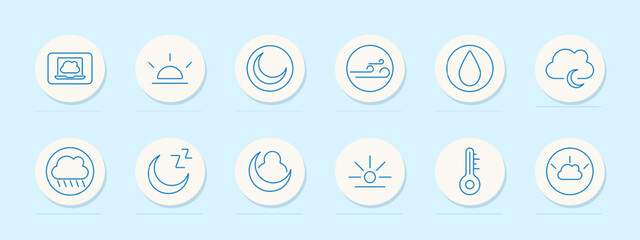 Weather set icon. Laptop with cloud, sunrise, crescent moon, wind, drop, moon with cloud, rainy cloud, moon with stars, sunrise, thermometer, sunny cloud.