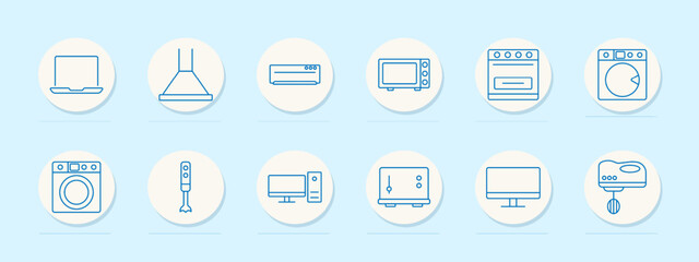 Appliances set icon. Laptop, range hood, dishwasher, microwave, oven, washing machine, blender, desktop, amplifier, monitor, mixer.