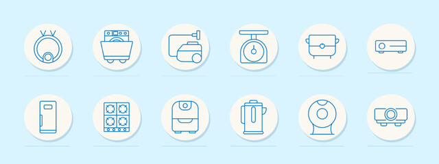 Home appliances set icon. Robot vacuum, dishwasher, vacuum cleaner, kitchen scale, slow cooker, projector, refrigerator, stove, air fryer, kettle, coffee machine, projector.