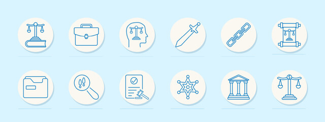 Law set icon. Scales on book, briefcase, head with scales, sword, chain, document with scales, file, magnifying glass with alert, sheriff badge, courthouse, scales with dollar.