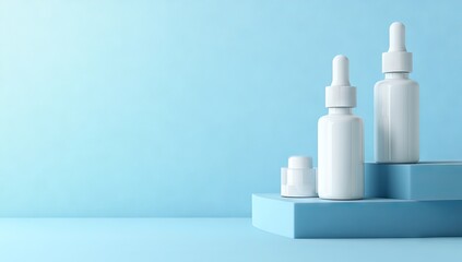 Mockup of Three White Skincare Bottles with Clear Glass and Plastic Caps on Isolated Light Blue Background