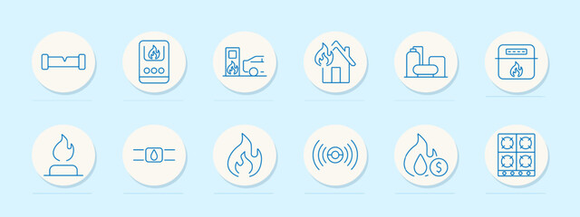 Gas safety set icon. Gas pipe, stove, fuel station with car, burning house, tank, oven, stove flame, gas valve, flame icon, alarm, cost , stove burners.