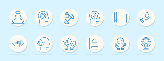 Wellness set icon. Stone balance, head with gear, dumbbell, head with yin yang, yoga mat, hand with drop, dumbbell with leaves, lotus flower, scale, hands with lotus, mirror with heart.