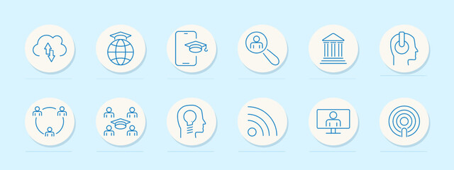 Education set icon. Cloud upload, global graduation, mobile learning, person search, institution, head with headphones, group learning, online graduation, knowledge sharing, broadcast