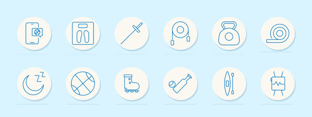 Fitness set icon. Smartwatch, weight scale, sword, measuring tape, kettlebell, exercise band, sleep monitor, basketball, roller skate, baseball, kayak, heart monitor.