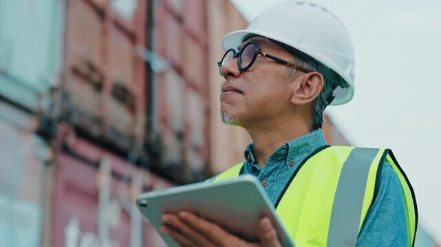 Senior Male Worker Logging Data On Tablet While Inspecting cargo container at industrial yard.