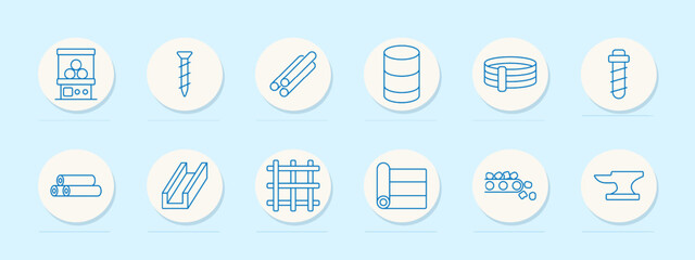 Construction set icon. Machine, screw, pipe, barrel, metal roll, steel beam, rebar, metal sheet, raw materials, anvil, construction industry, equipment, steel production, building materials, hardware