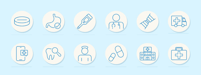 Medical care icon. Pill, stomach, thermometer, doctor, DNA, ambulance, mobile health app, dental check, nurse, pills, hospital, first aid kit, healthcare, emergency services, diagnostics, treatment