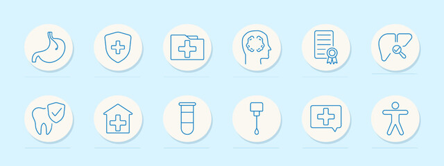 Medical diagnostics set icon. Stomach, medical file, mental health, dental health, healthcare facility, test tube, IV drip, health app, person diagnostics, patient care, protection, insurance