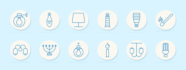 Electrical set icon. Light bulb, chandelier, table lamp, lighthouse, energy-saving, match, wall lamp, menorah, candle, pendant light, chandelier, illumination, lighting, energy, electricity, decor