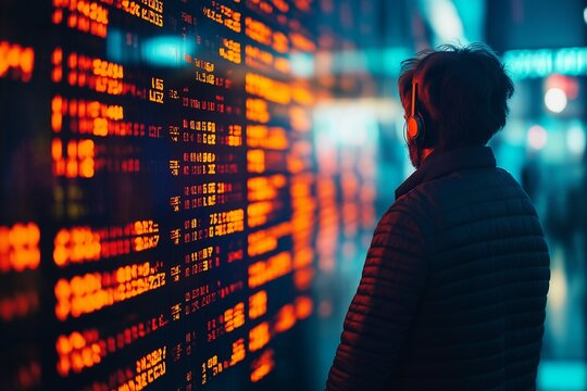 Stock trader analyzing online trading data on wall street during night time