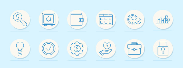 Banking and savings icons set. Magnifying glass with dollar symbol, safe, wallet, calendar, clock, bar chart, light bulb, checkmark, hand holding coin, briefcase, lock