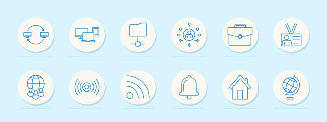 Technology and network icons set. Data transfer arrows, computer network, file sharing, person with connections, briefcase, ID card, globe with people, Wi-Fi signal, notification bell