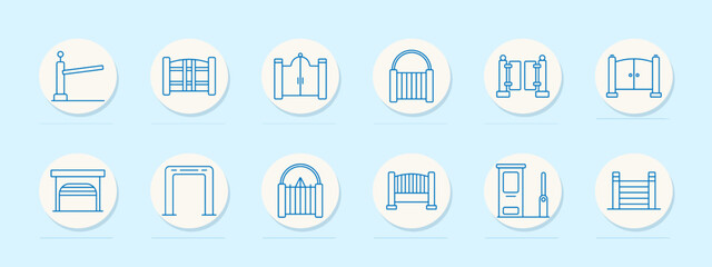 Gate and fence icons set. Automatic gate barrier, wooden fence, metal gate, picket fence, garden, rail, rolling, arched, sliding, metal barriers
