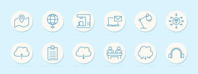 Map and outdoor icons set. Location map, globe with latitude lines, coffee machine, email on laptop, desk lamp, Wi-Fi symbol, cloud icon, clipboard, cloud upload, two people at a desk