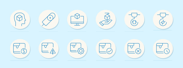 Packaging and logistics icons set. Box in mind, barcode scanner, box on screen, hand holding package, package with network, payment, caution symbol