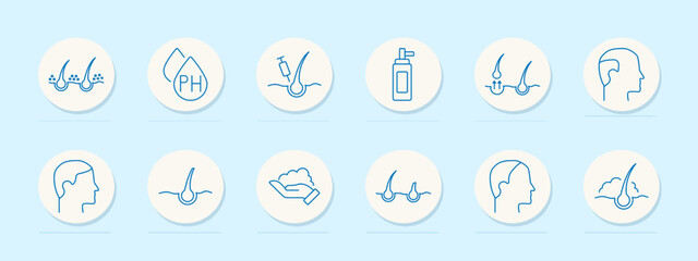 Hair set icon. Hair follicle, scissors, care products, scalp treatment, split ends, shampoo, structure, cuticle, healthy , womans hairstyle, growth.