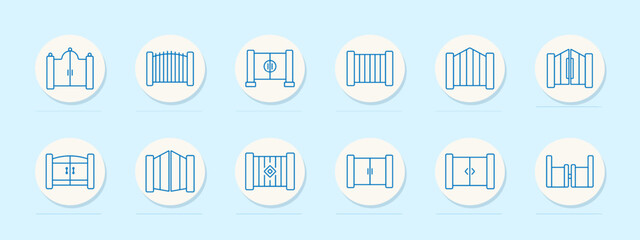 Gate designs set. Various types of gates including arched, metal, wooden, sliding, and picket gates in different styles