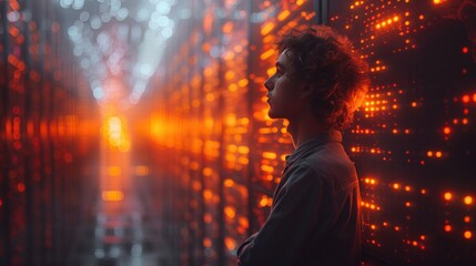 software consultant in a futuristic logistic background, clean and pastel orange lighting 