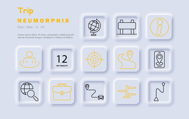 Trip set icon. Globe, suitcase, person, route, map, destination, briefcase, location, car journey, road sign, exploration