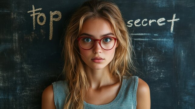 Young woman with glasses standing in front of blackboard with “top secret” written in chalk, curious expression, academic style, secrecy, classroom setting, mystery