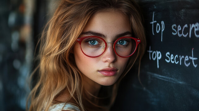 Side view of woman in red glasses against chalkboard with “top secret” written, intense look, education setting, academic mood, focus, classroom vibe