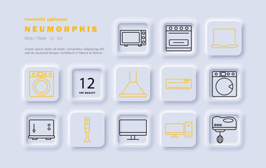 Household appliances set icon. Microwave, oven, laptop, range hood, air conditioner, washing machine, toaster, blender, desktop computer, kitchen gadgets