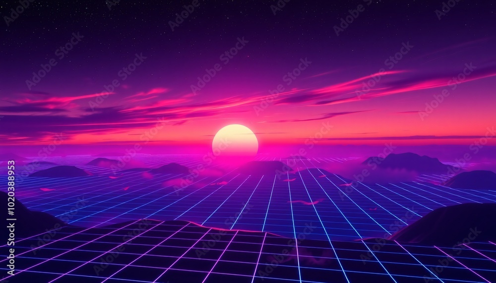 Wall mural vaporwave grids retro style landscape with grid background