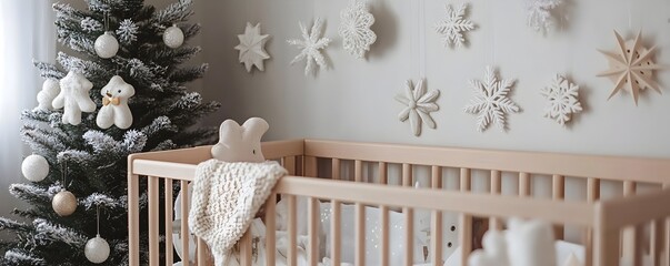 Obraz premium Minimalist Scandinavian Nursery with Peaceful Christmas Ornaments and Snowflake Decor
