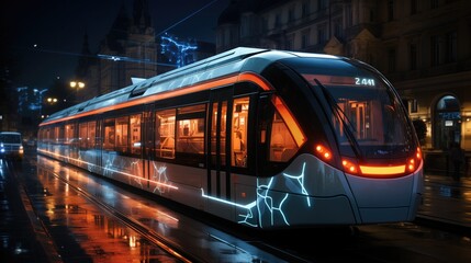 Fototapeta premium Various futuristic transport, train, tram, bus, minibus, connected with AI digital analytics thread, futuristic transport, different transport