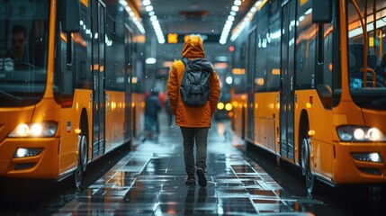 Fototapeta premium future transport future bus, figure strong, entering through the doors of transport, a step in the bus, doors open, future subway, future technology, future high-speed rail, highest resolution, CG, h