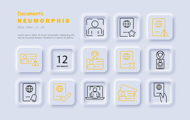 Documents set icon. Passport, ID card, badge, approval, error, alert, verification, digital identity, personal info, data security, card application.