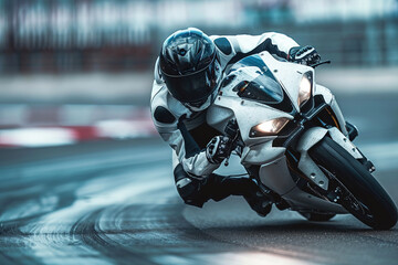 Motorcycle sport race on track, competition on turns in rays of sunset.