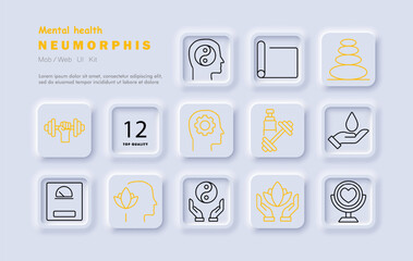 Mental health set icon. Meditation, brain, balance, yoga, mindfulness, therapy, fitness, self-care, relaxation, wellness, mental focus, inner peace
