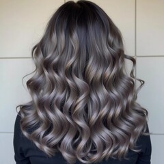 Fototapeta premium A close-up view showcases beautiful shiny gray ash curls that exhibit a stunning texture and vibrant luster, accentuated by soft lighting. The intricate curls frame the head beautifully. Generative AI