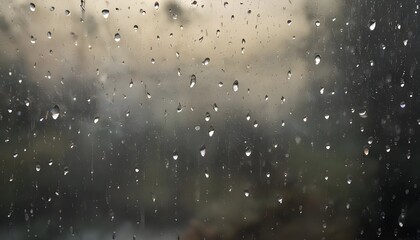 Obraz premium Raindrops on a glass window, with a blurred outdoor scene visible through the glass
