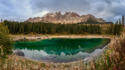 Karersee - panorama of the lake in the Dolomites during the day
