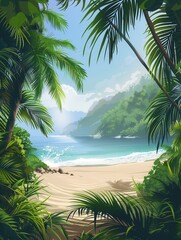 Obraz premium A tropical forest meets a sandy beach, where the gentle ocean waves lap against the shore, creating a peaceful coastal escape. Generative AI