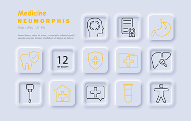 Medicine set icon. Teeth protection, diploma, digestion, liver, medical file, dropper, hospital, vitamins, shield, healthcare, body anatomy