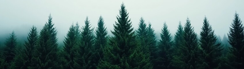 Obraz premium Panoramic View of Misty Mountains and Dense Pine Forest Captured in High-Contrast Style with Mist Creating Ethereal Atmosphere
