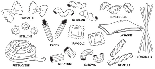 Various italian pasta types icons. Noodles different, lasagne, spaghetti and penne. Simple black and white traditional macaroni of different shapes and names.  Flat vector illustration. 