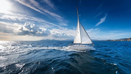 Obraz premium Sailboat sailing on calm sea with open sail on sunny day