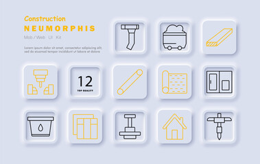 Construction set icon. Drill, dump truck, conveyor, wood plank, blueprint, doors, water container, hammer, house, construction site tools, equipment.
