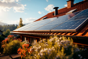 Vista de tejado de una casa con paneles solares en un día soleado, concepto de vida sostenible.