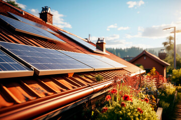 Vista de tejado de una casa con paneles solares en un d&iacute;a soleado, concepto de vida sostenible.