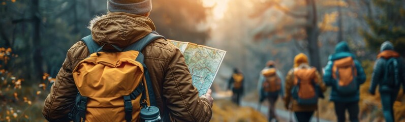 Many people walking down a path with backpacks, travel concept, banner, copy space